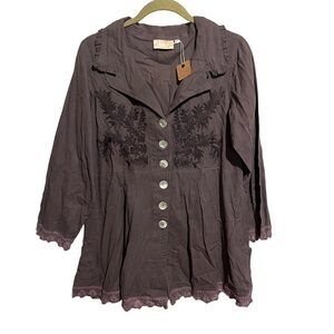 PAPER LACE Womens Sz L Tunic Blouse Button Up Floral Lace Ruffle Top Lagenlook